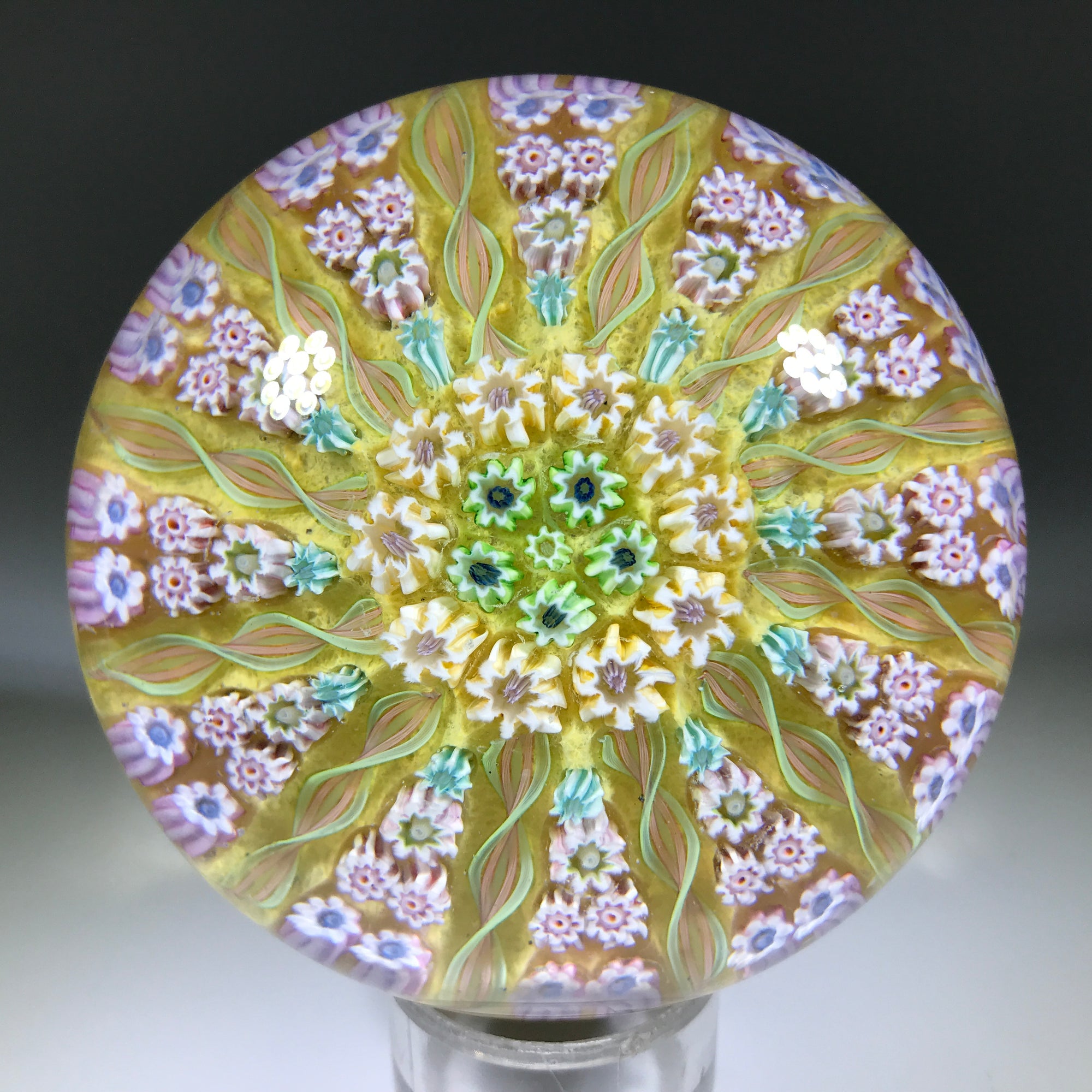 Vintage Perthshire Art Glass Paperweight Paneled Millefiori & Ribbon Twists Yellow PP2