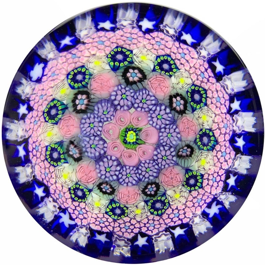 Drew Ebelhare 1995 Art Glass Paperweight Concentric Millefiori w/ Rose Canes in Stave Basket