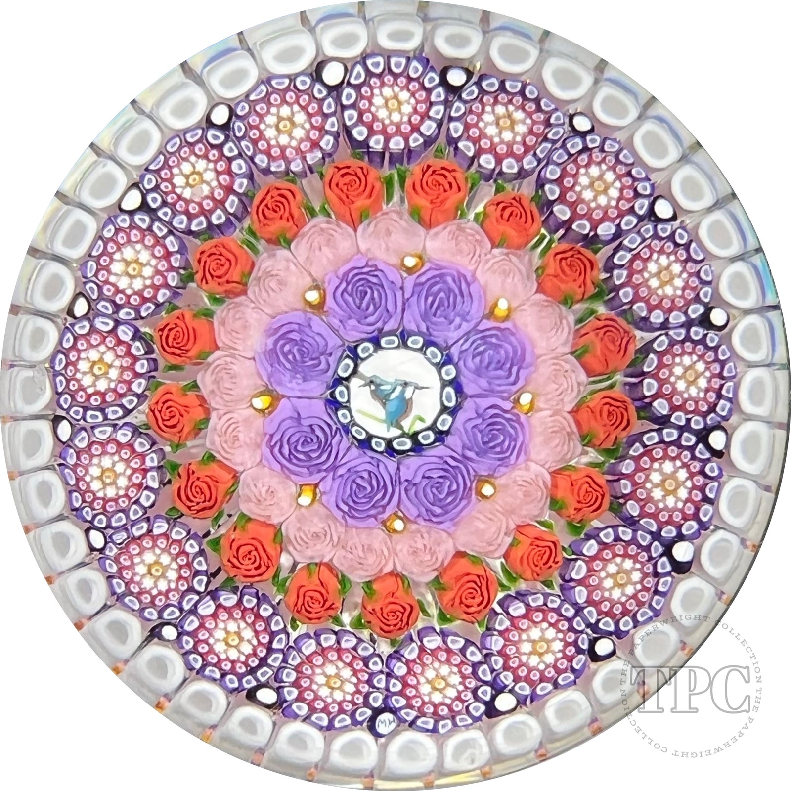Michael Hunter 2022 Glass Art Paperweight Concentric Complex Millefiori with Roses & Kingfisher Picture Murrine in Staves