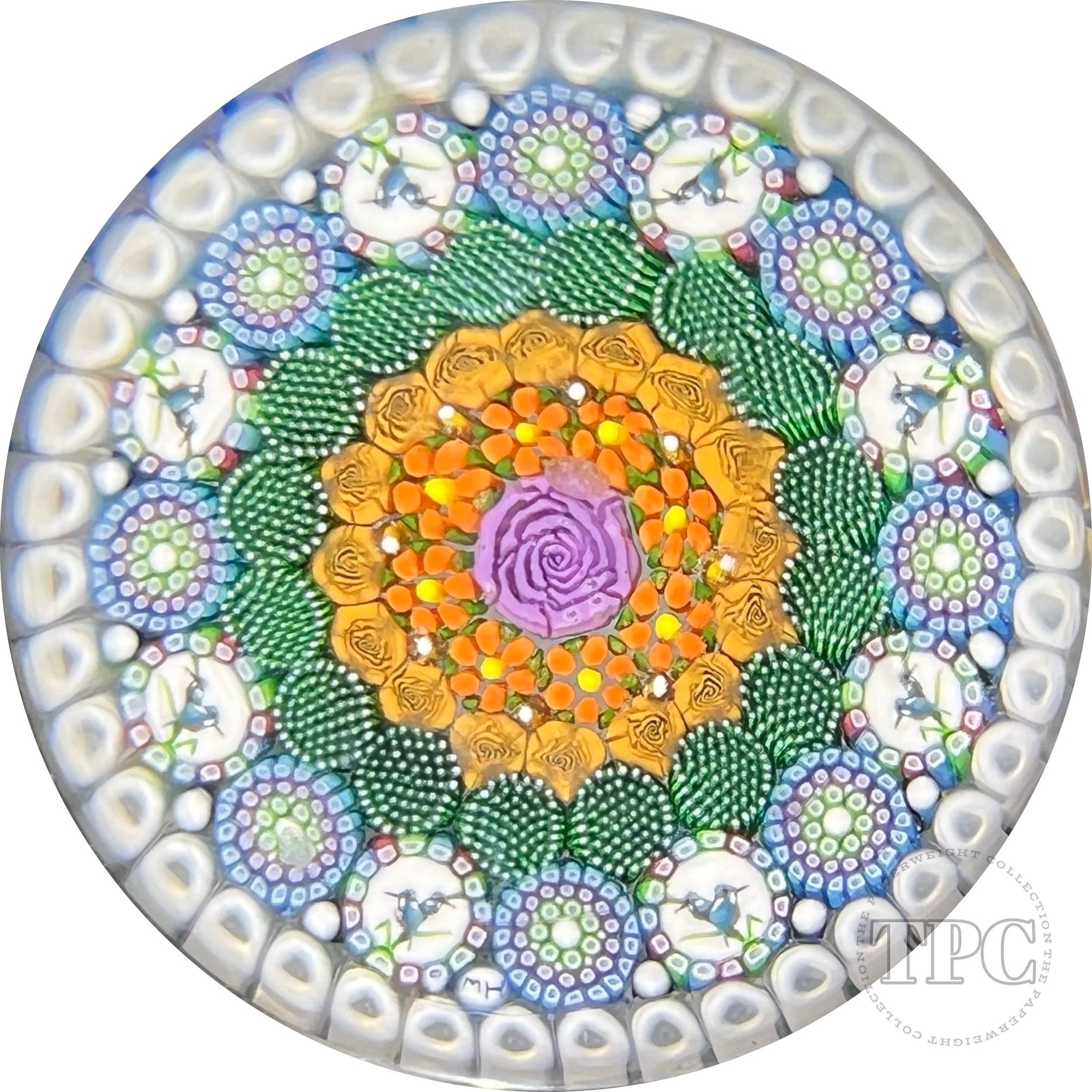 Michael Hunter 2022 Glass Art Paperweight Concentric Complex Millefiori with Roses, Daisies & Kingfisher Murrine