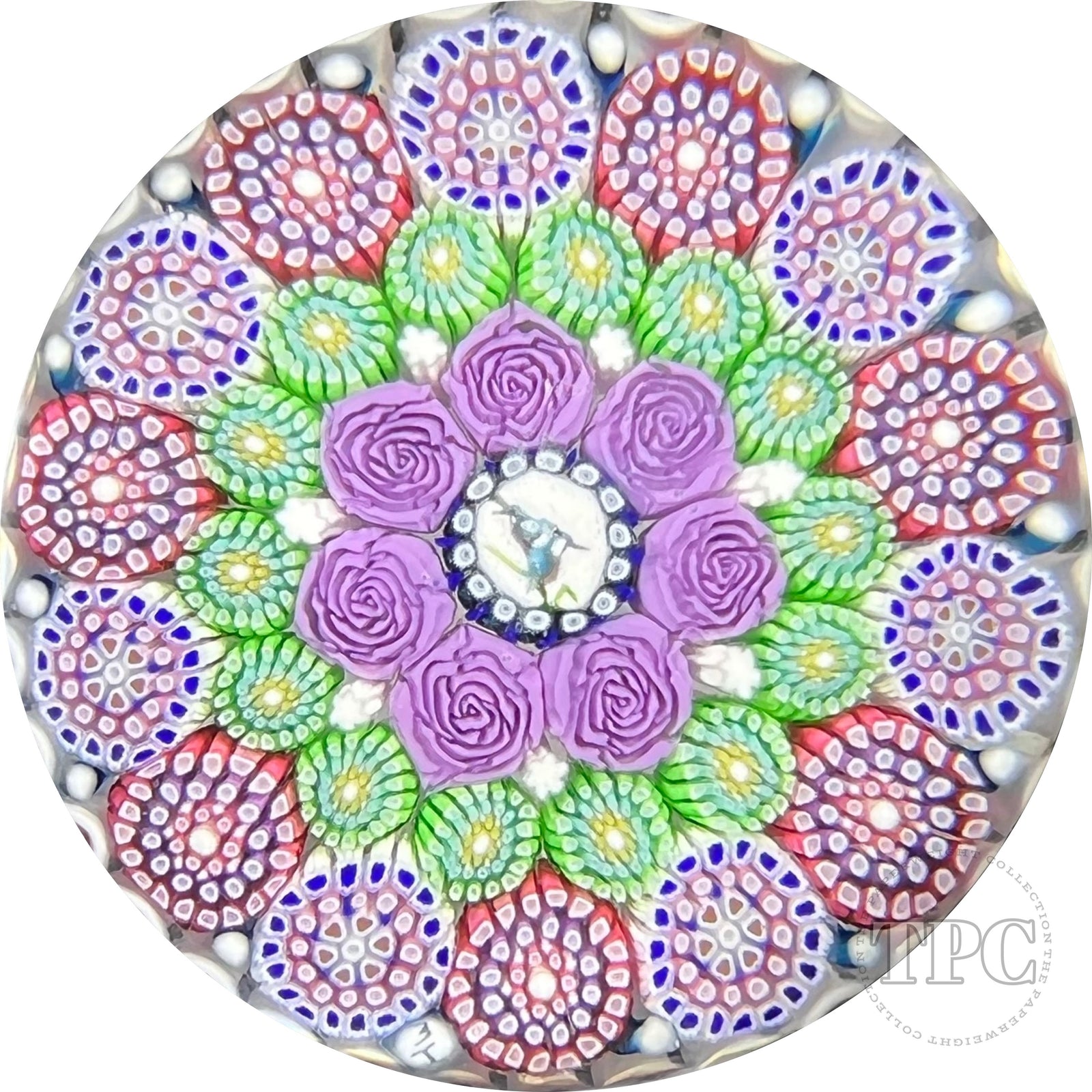 Michael Hunter 2022 Glass Art Paperweight Concentric Complex Millefiori with Roses and Kingfisher Picture Murrina