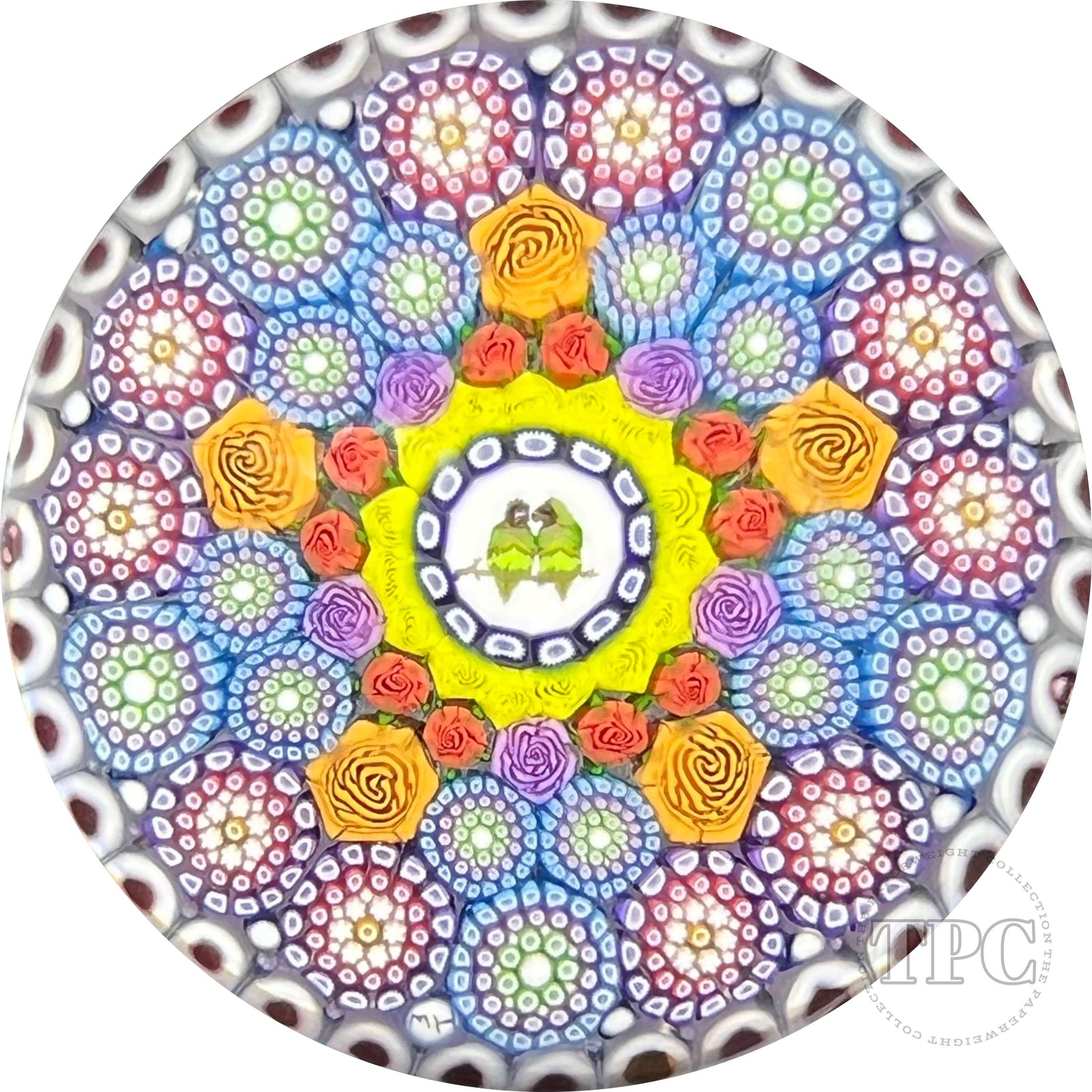 Michael Hunter 2022 Glass Art Paperweight Patterned Complex Millefiori with Roses and Lovebird Picture Murrina