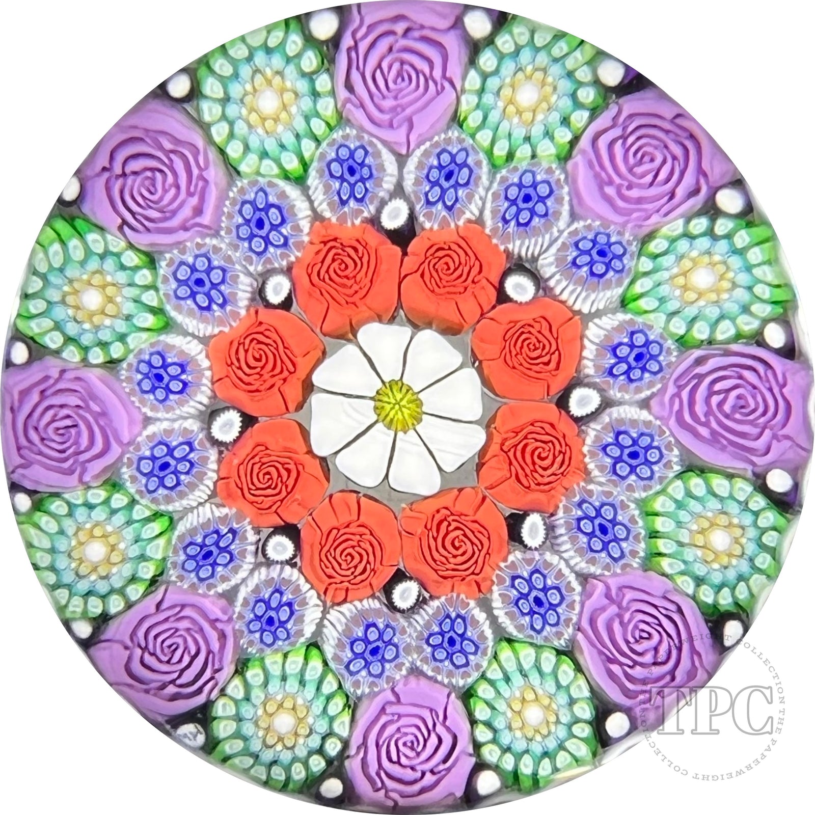 Michael Hunter 2022 Glass Art Paperweight Concentric Complex Millefiori with Roses and White Daisy