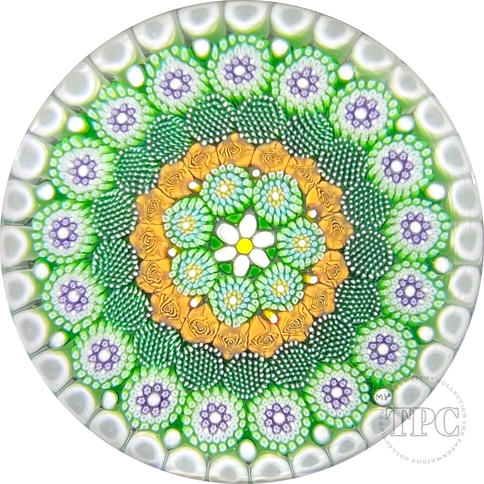 Michael Hunter 2022 Glass Art Paperweight Concentric Complex Millefiori with Orange Roses and White Daisy