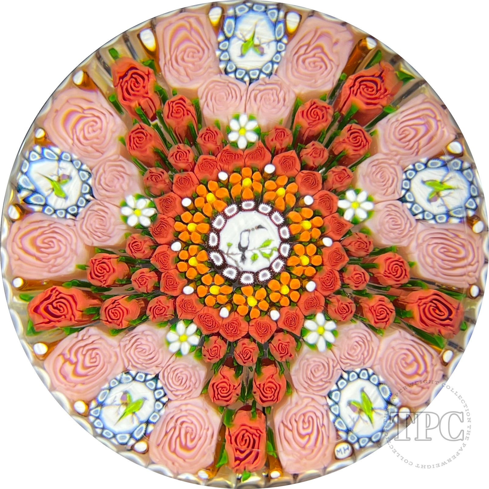 Michael Hunter 2022 Glass Art Paperweight Patterned Complex Millefiori with Roses, Daisies and Bird Picture Canes