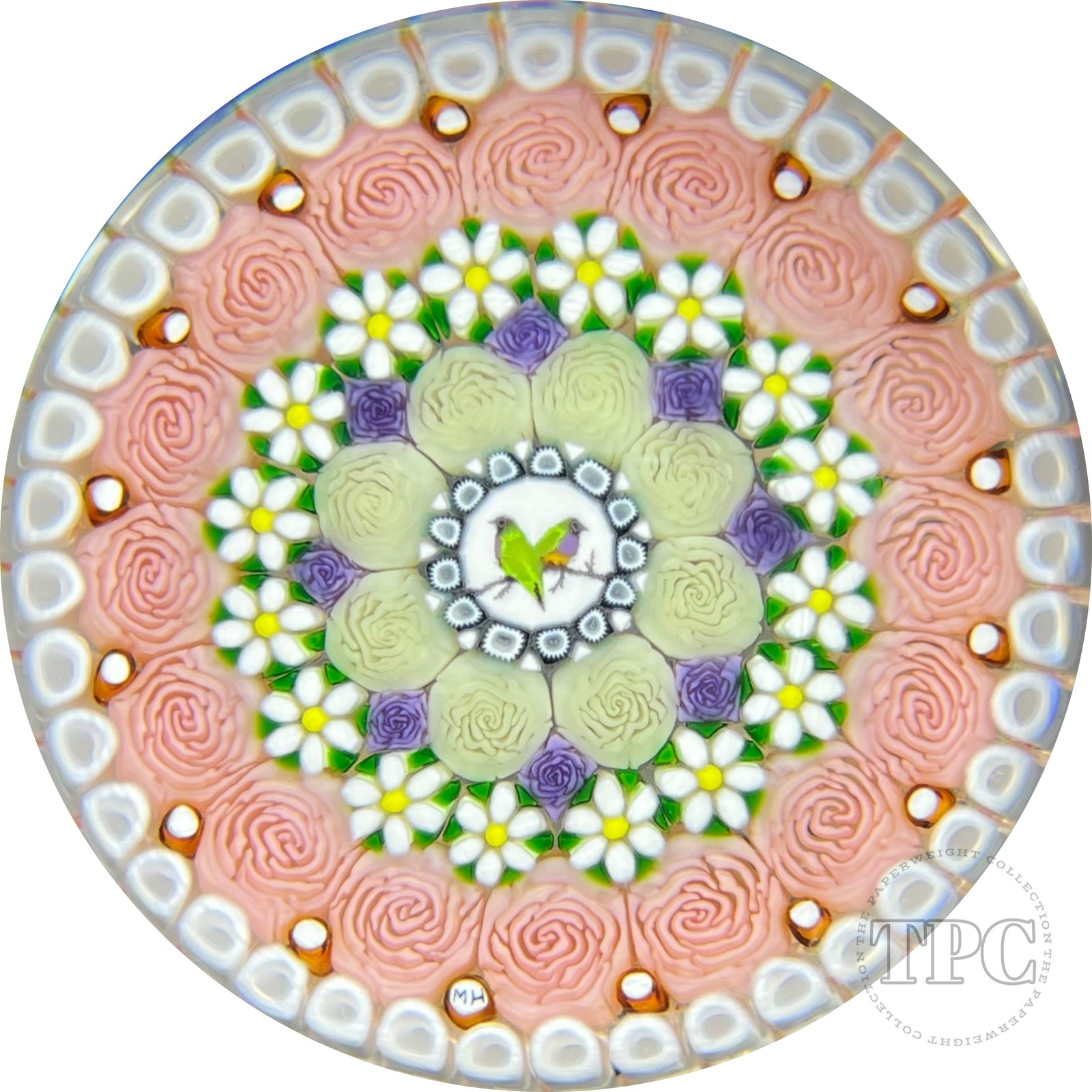 Michael Hunter 2022 Glass Art Paperweight Concentric Complex Millefiori with Roses, Daisies and Gouldian Finch Picture Canes