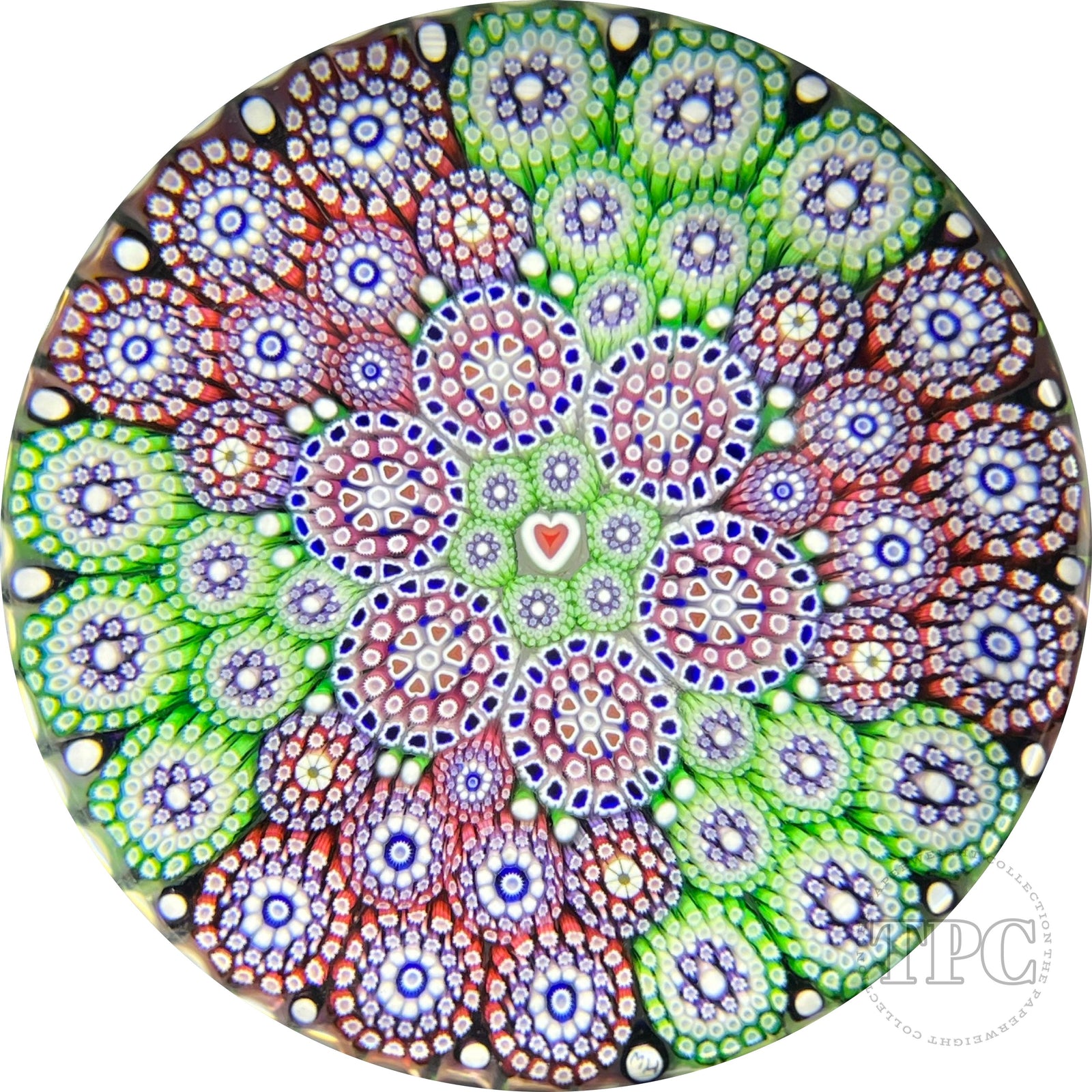 Michael Hunter 2022 Glass Art Paperweight Paneled Complex Millefiori with Heart Cane Center in Staves