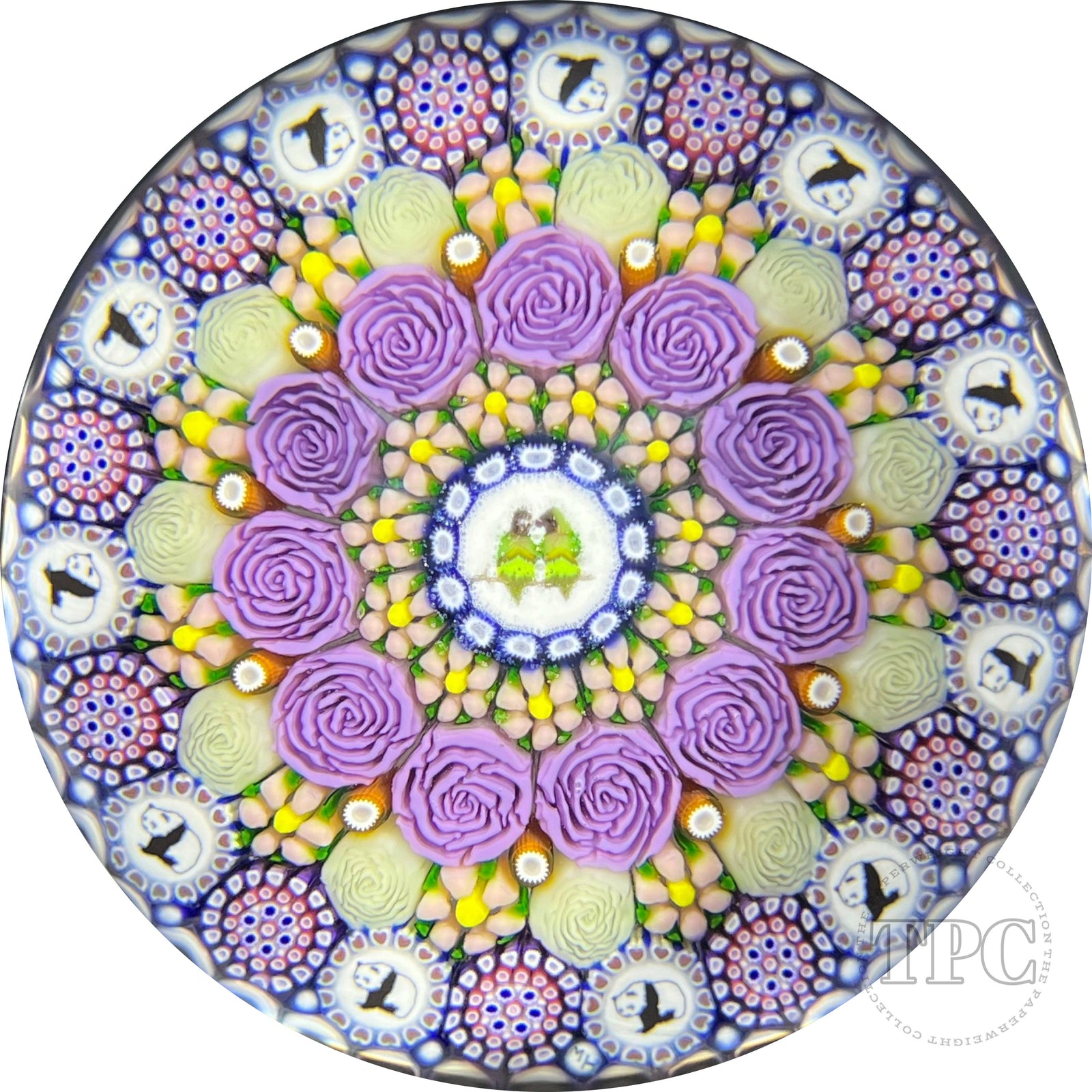 Michael Hunter 2022 Glass Art Paperweight Concentric Complex Millefiori with Roses, Panda Silhouettes & Lovebird Picture Murrine in Staves