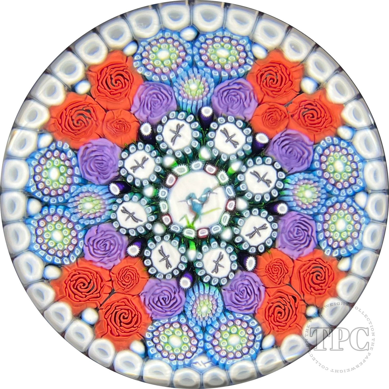 Michael Hunter 2022 Glass Art Paperweight Paneled Complex Millefiori with Roses, Dragonfly Silhouettes & Kingfisher Picture Cane