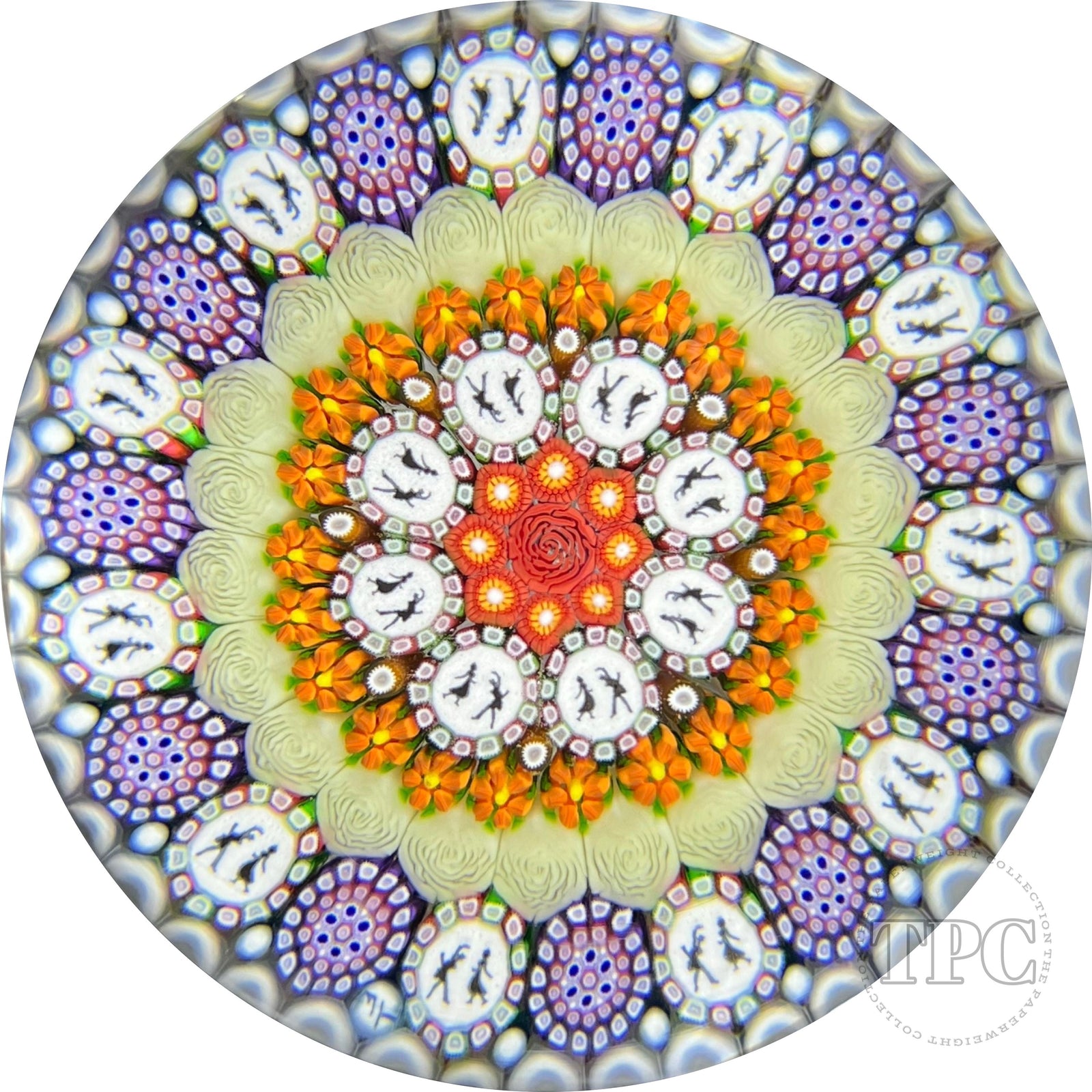 Michael Hunter 2022 Glass Art Paperweight Concentric Complex Millefiori with Roses, Daisies and 19 Dancer Silhouette Canes