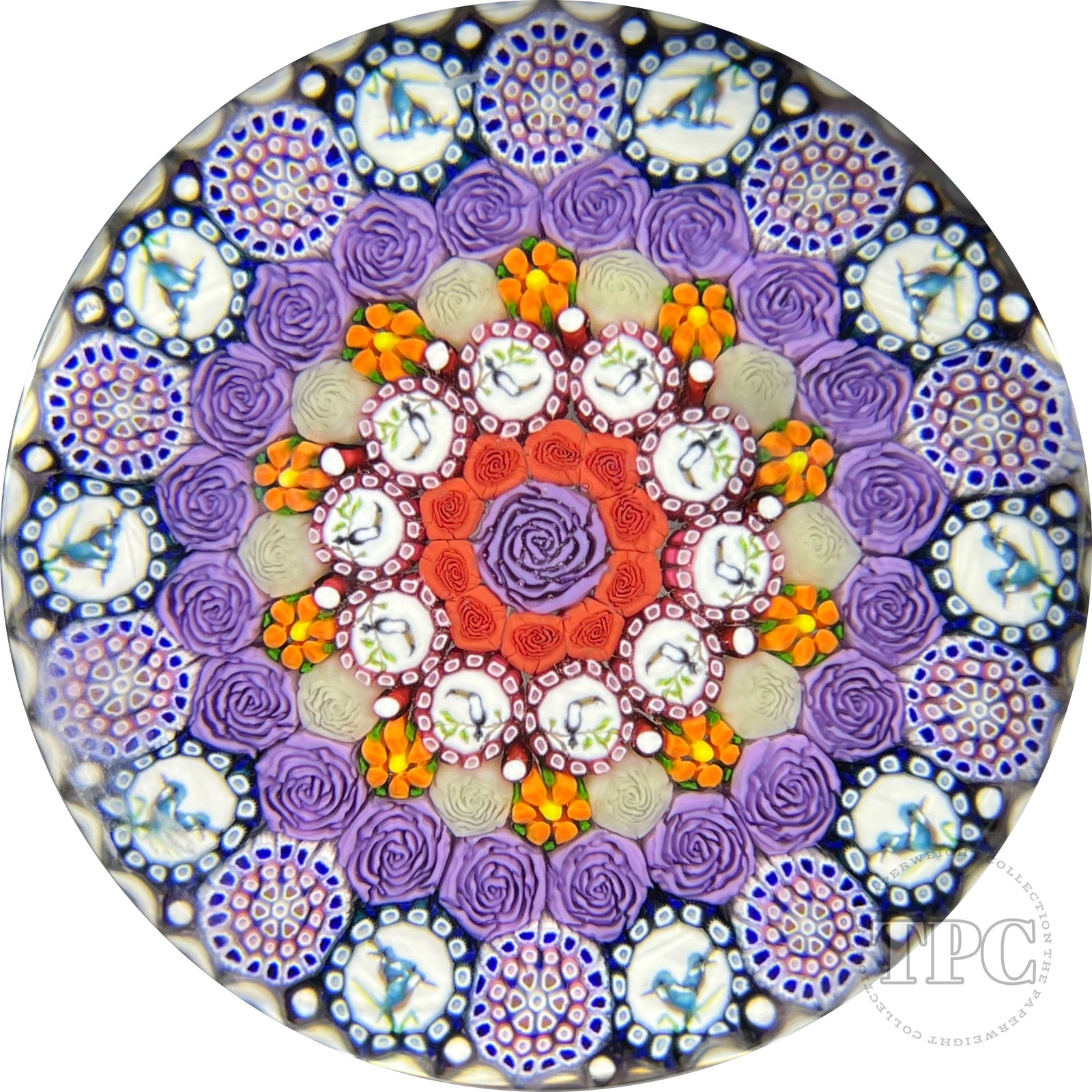 Michael Hunter 2022 Glass Art Paperweight Concentric Complex Millefiori with Roses, Daisies and 20 Bird Picture Canes