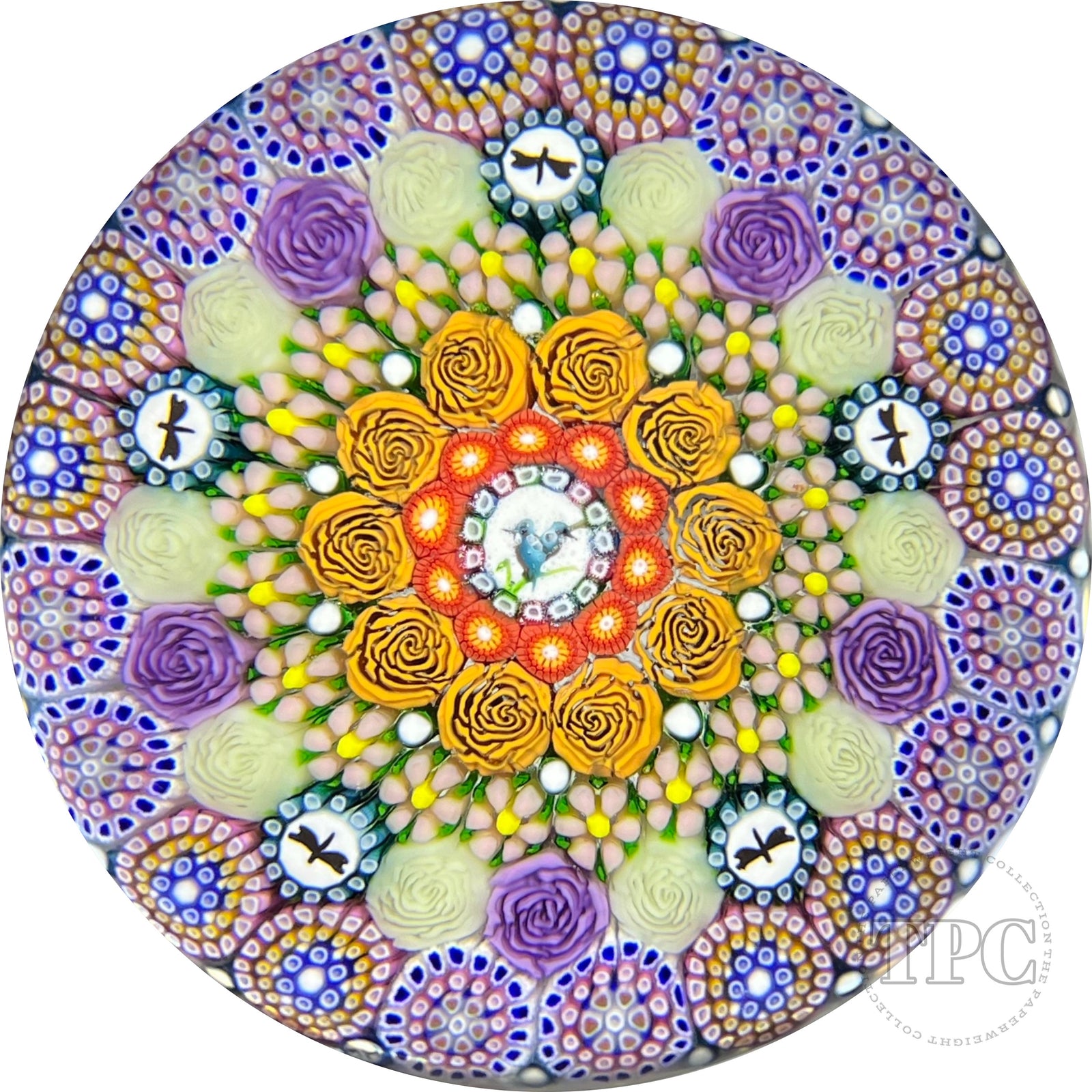 Michael Hunter 2022 Glass Art Paperweight Concentric Complex Millefiori with Roses, Daisies and Picture Murrine