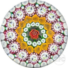 Michael Hunter 2022 Glass Art Paperweight Concentric Complex Millefiori with Roses & 13 Toucan Murrrine in White Stave Basket