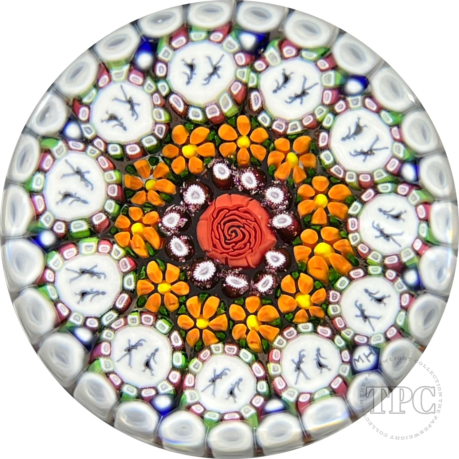 Michael Hunter 2022 Glass Art Paperweight Concentric Complex Millefiori with Roses & 11 Dancer Murrrine in White Stave Basket
