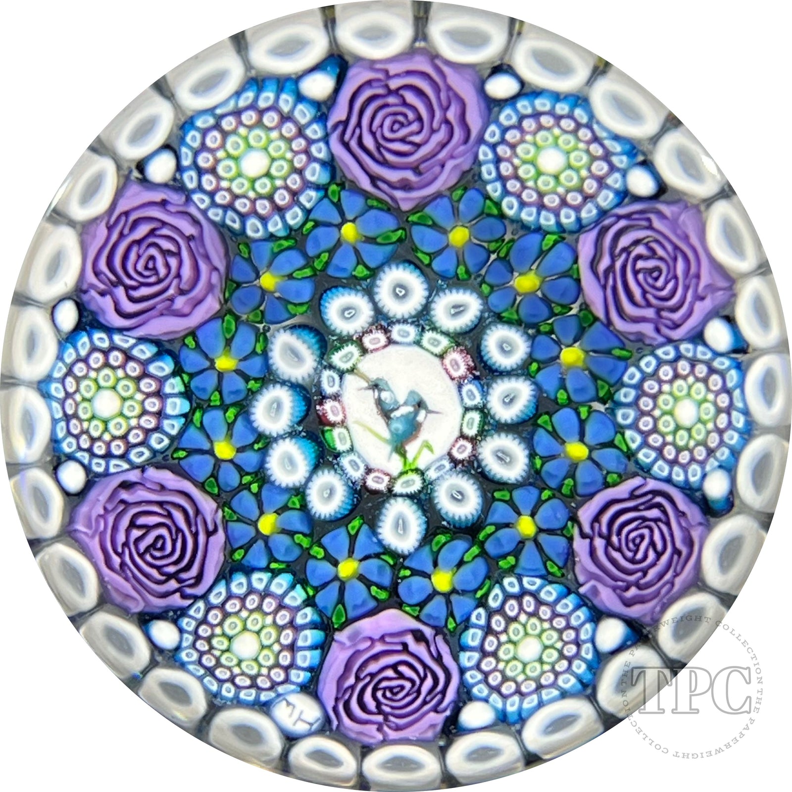 Michael Hunter 2022 Glass Art Paperweight Concentric Complex Millefiori with Daisies, Roses & Kingfisher Murrrine in White Stave Basket