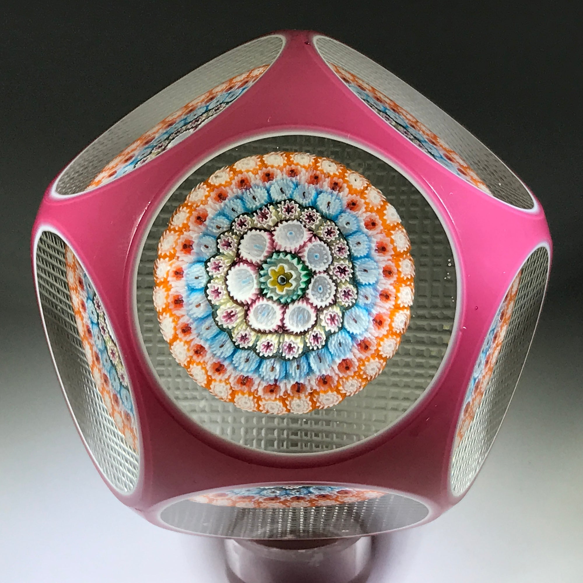 Vintage Murano Faceted Double Overlay Millefiori Art Glass Paperweight