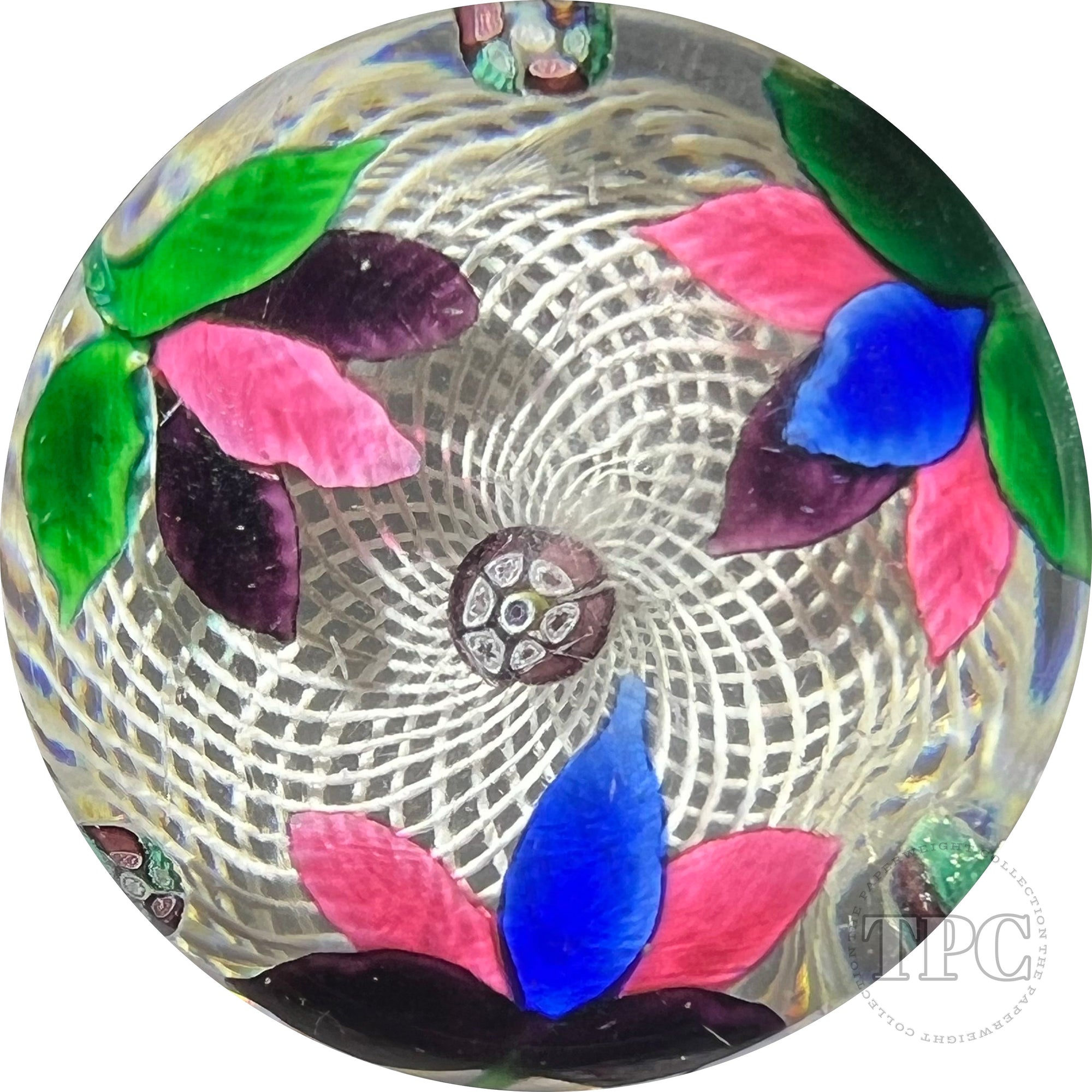 Antique New England Glass Co. (NEGC) Glass Art Paperweight Lampwork Triple Leaf Spray with Millefiori on White Filigree Basket