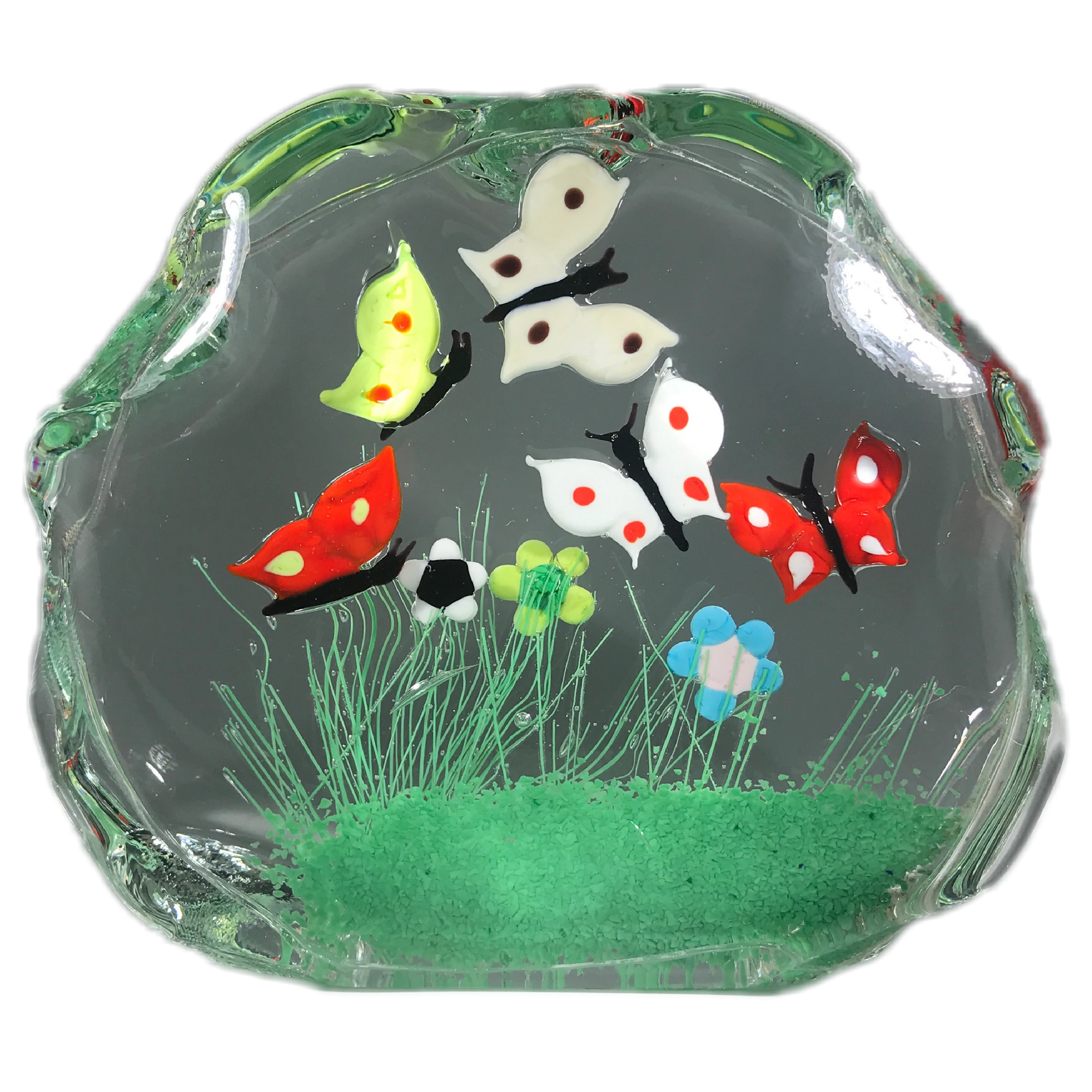 Uncommon Murano Art Glass Paperweight Sculpture Flamework Butterflies Over a Green Field