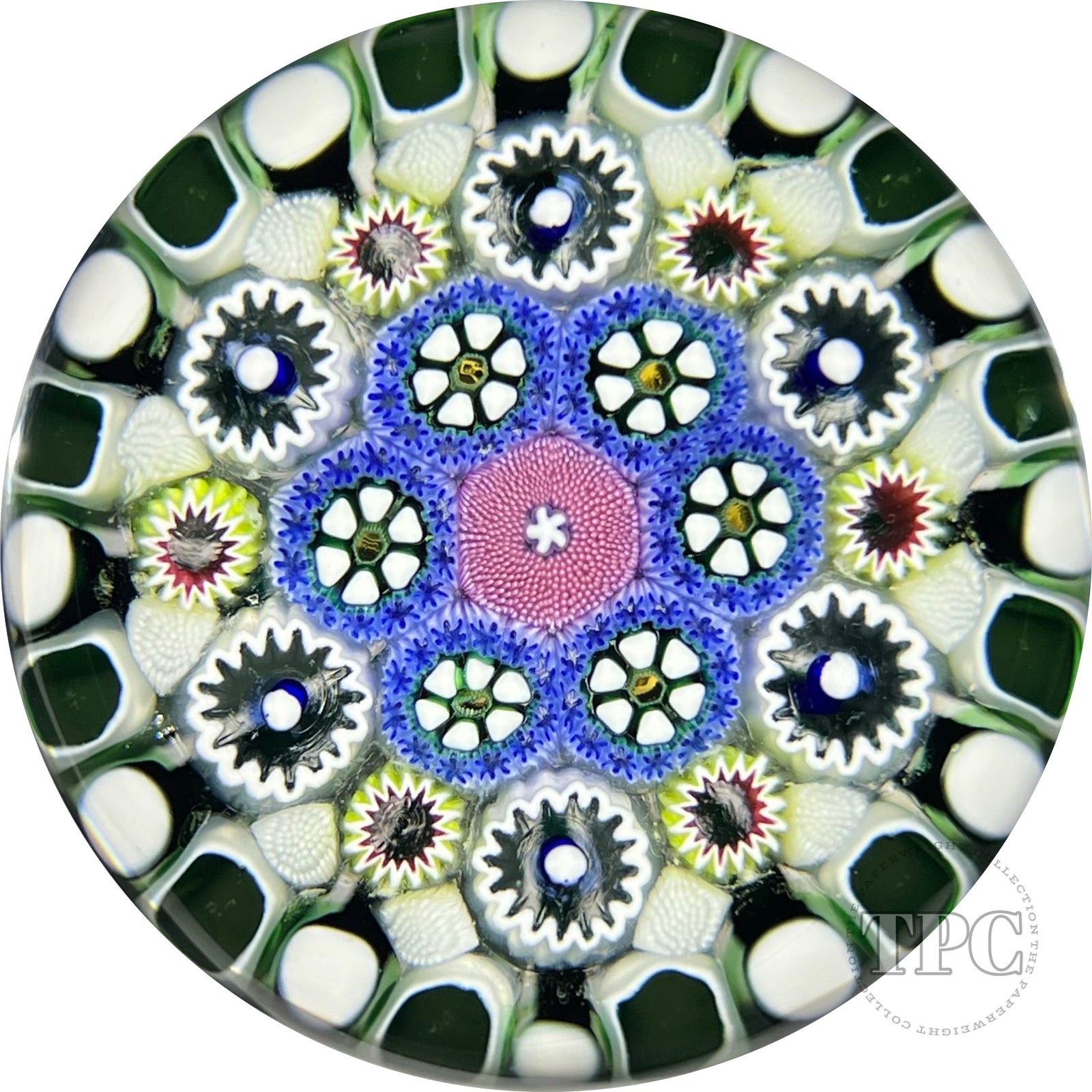 Damon MacNaught 2022 Glass Art Paperweight Complex Concentric Millefiori with Pink Moss Cane Center & Staves