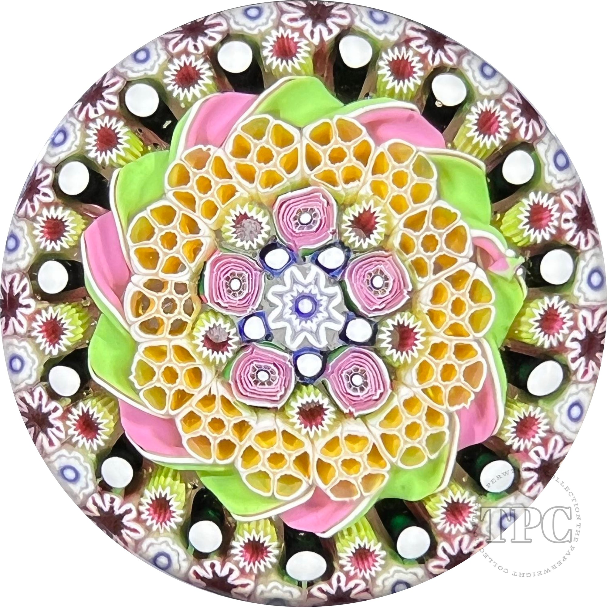 Damon MacNaught 2022 Glass Art Paperweight Complex Concentric Millefiori with Pink & Green Ribbon Torsade