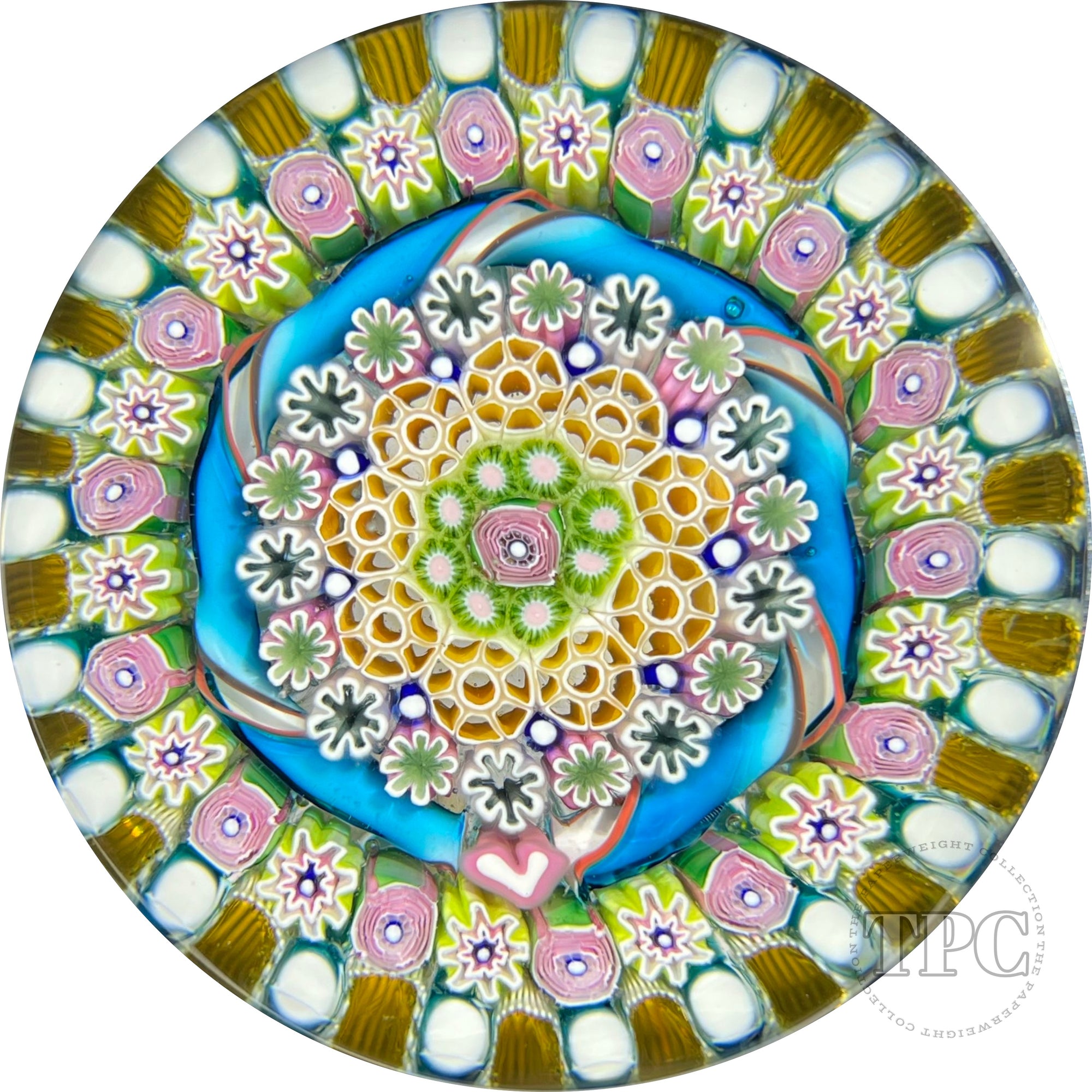 Magnum Damon MacNaught 2022 Glass Art Paperweight Complex Concentric Millefiori with Blue Ribbon Torsade