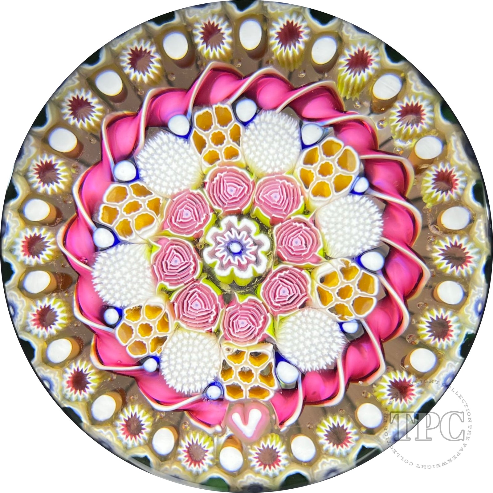 Magnum Damon MacNaught 2022 Glass Art Paperweight Complex Concentric Millefiori with Pink Ribbon Torsade
