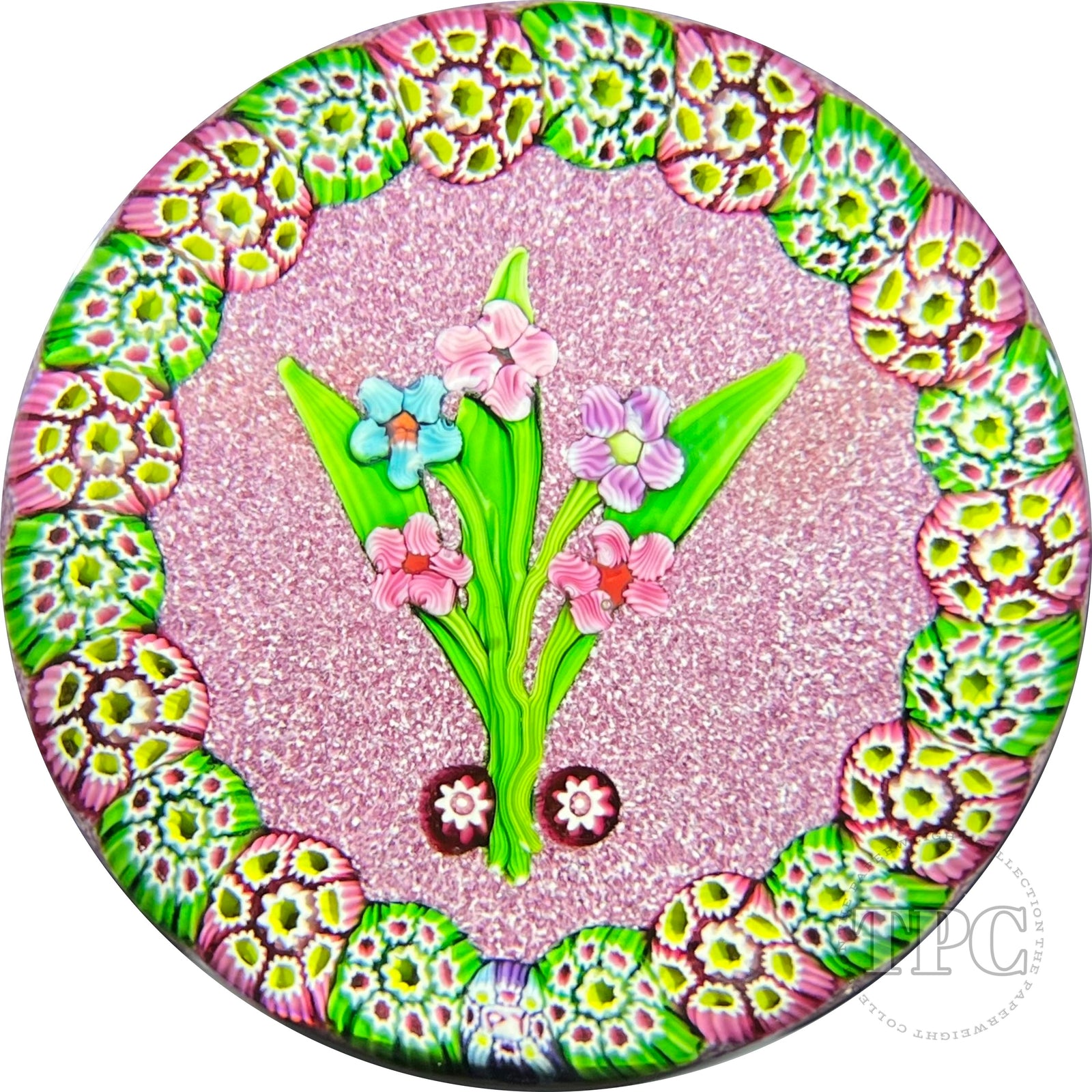 Paul Ysart Glass Art Paperweight Flamework Flower Bouquet on Pink Jasper Ground and Complex Millefiori Garland