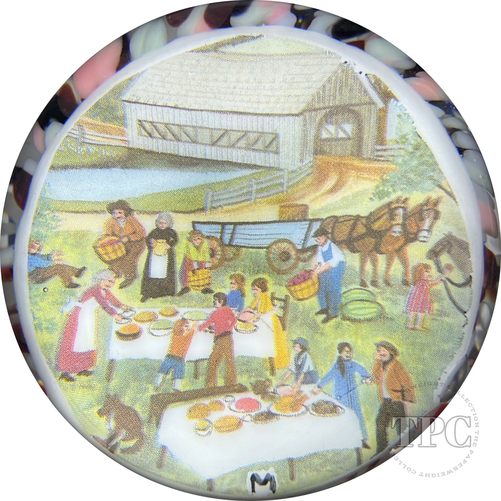 Vintage Thomas Mosser Art Glass Paperweight Ceramic Slip Transfer Thanksgiving Gathering