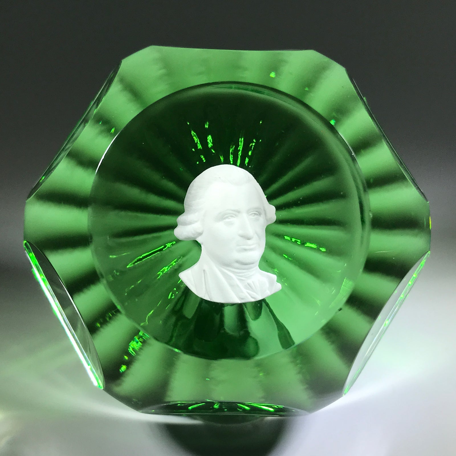 Vintage Robert Hamon Art Glass Paperweight George Washington Sulphide on Green