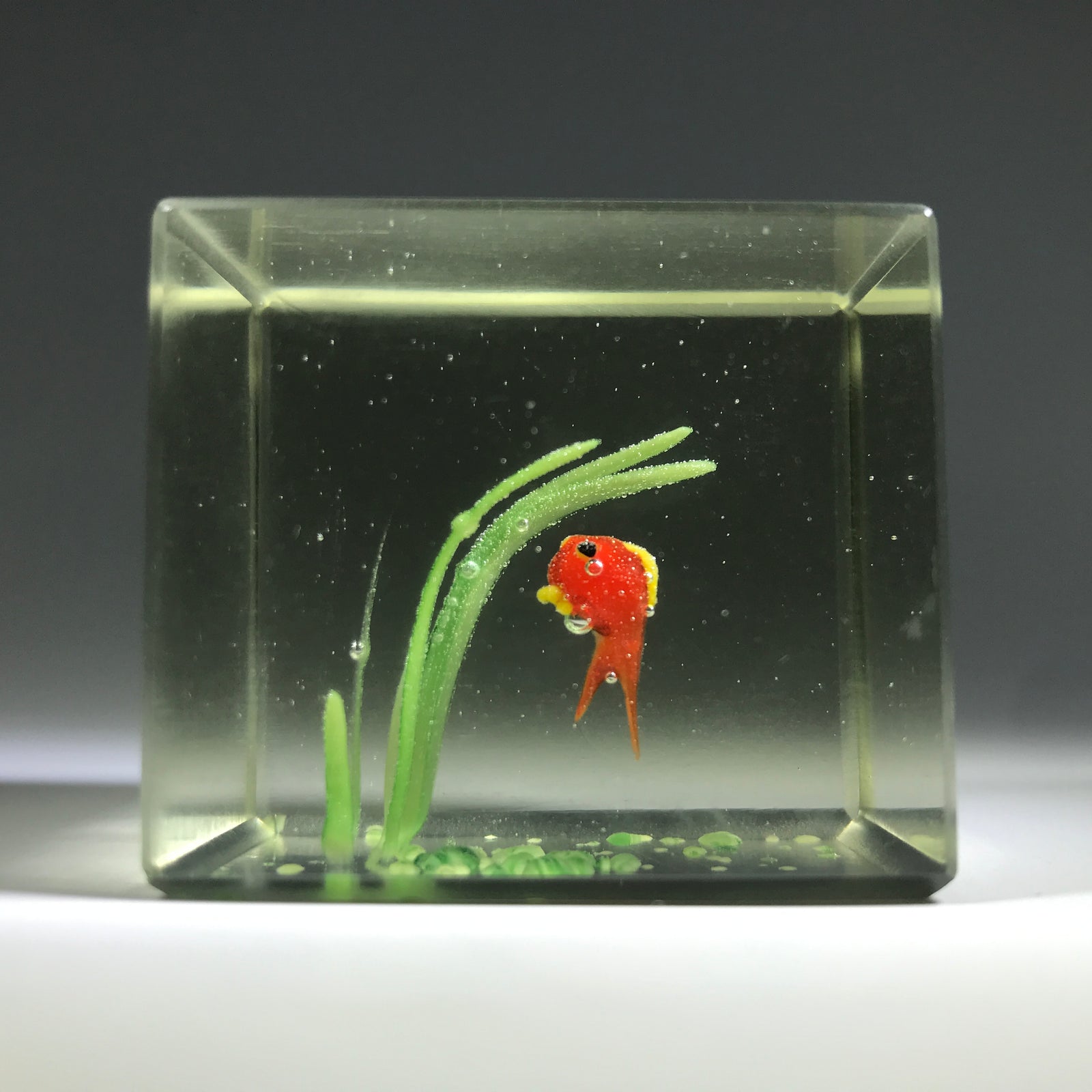 Early Chinese Art Glass Paperweight Faceted Fish Tank Aquarium