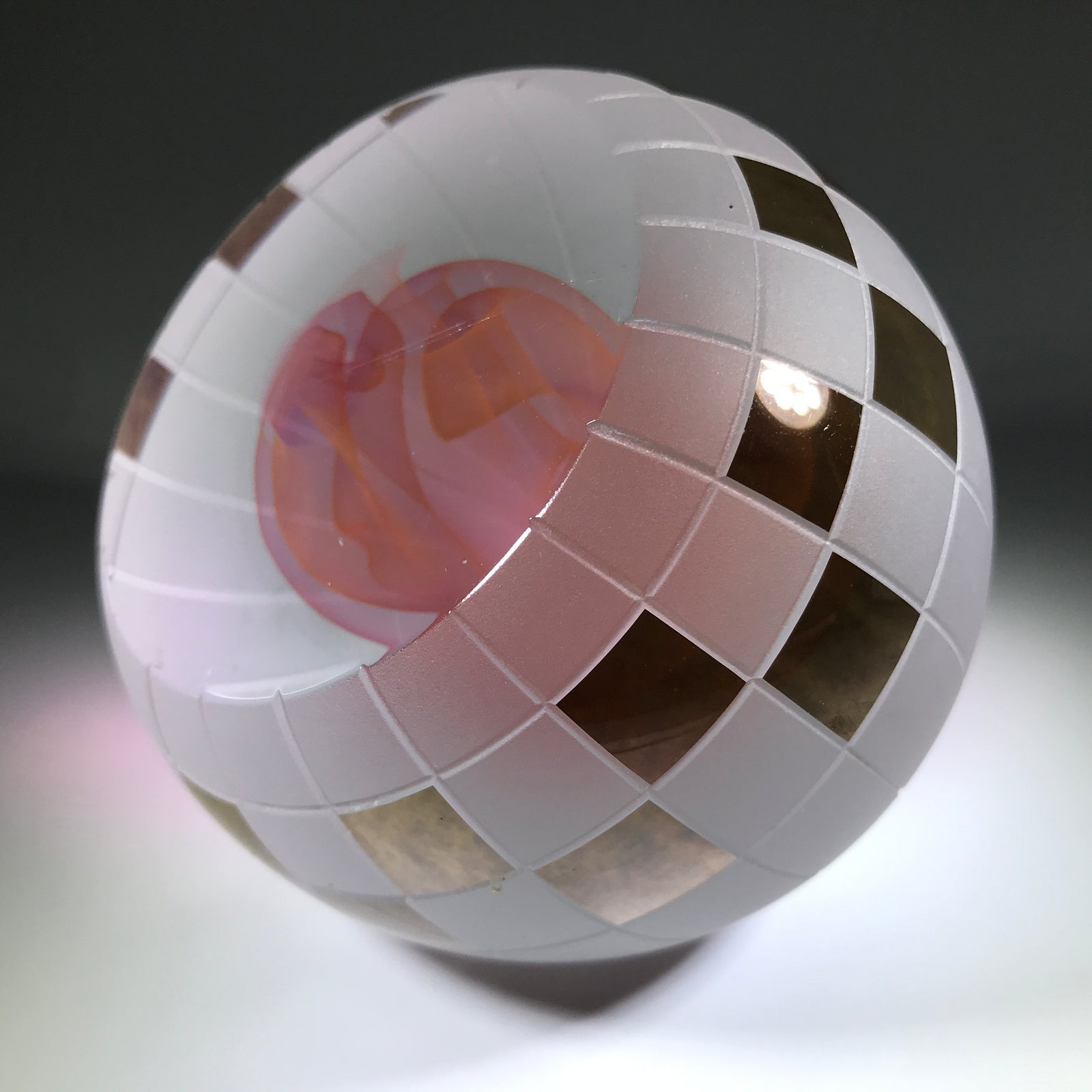 Signed Youghiogheny Art Glass Paperweight Cold Worked Pink Folded Veil