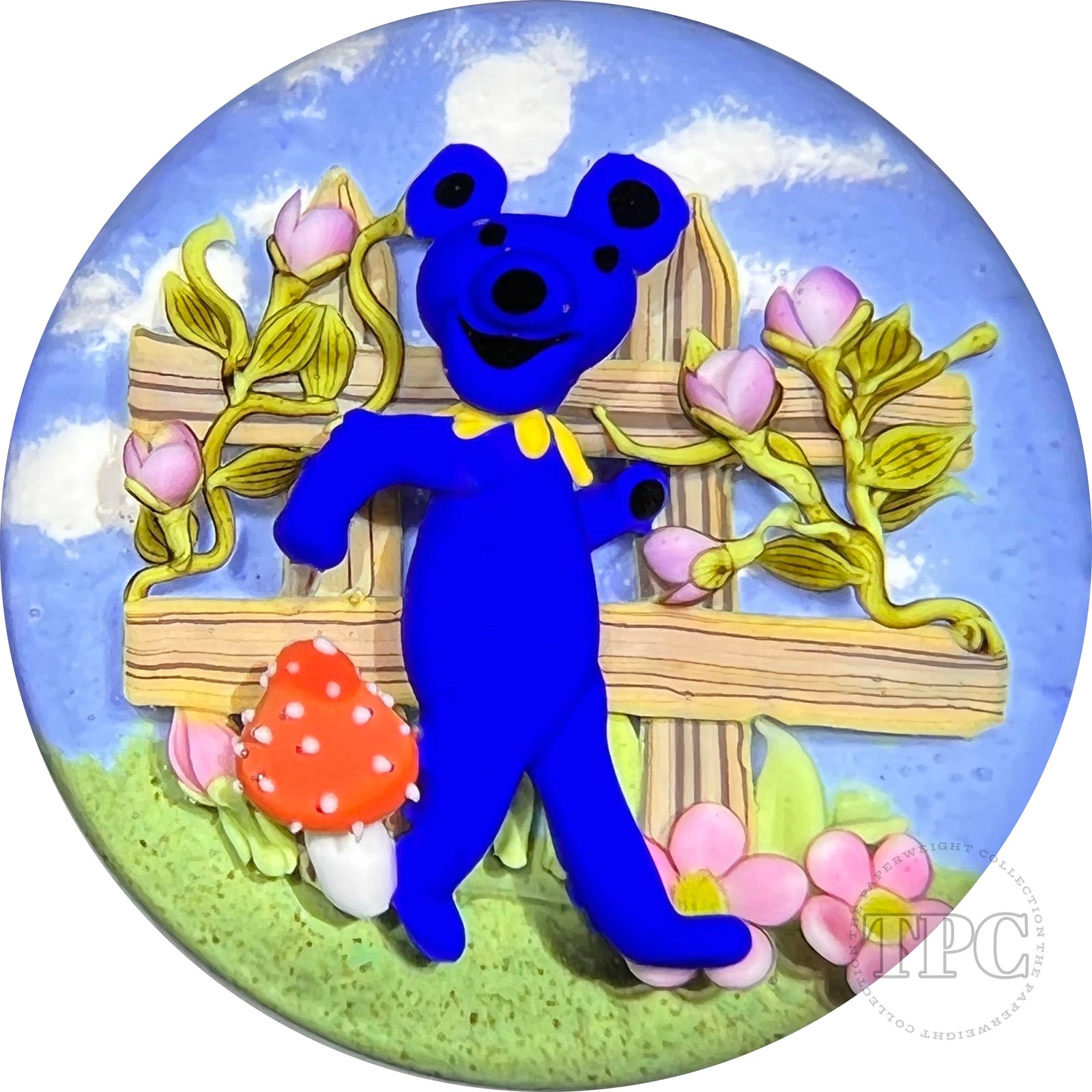Clinton Smith 2022 Glass Art Paperweight Flamework Small Grateful Blue Yellow Dancing Bear