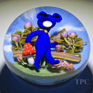 Clinton Smith 2022 Glass Art Paperweight Flamework Small Grateful Blue Yellow Dancing Bear