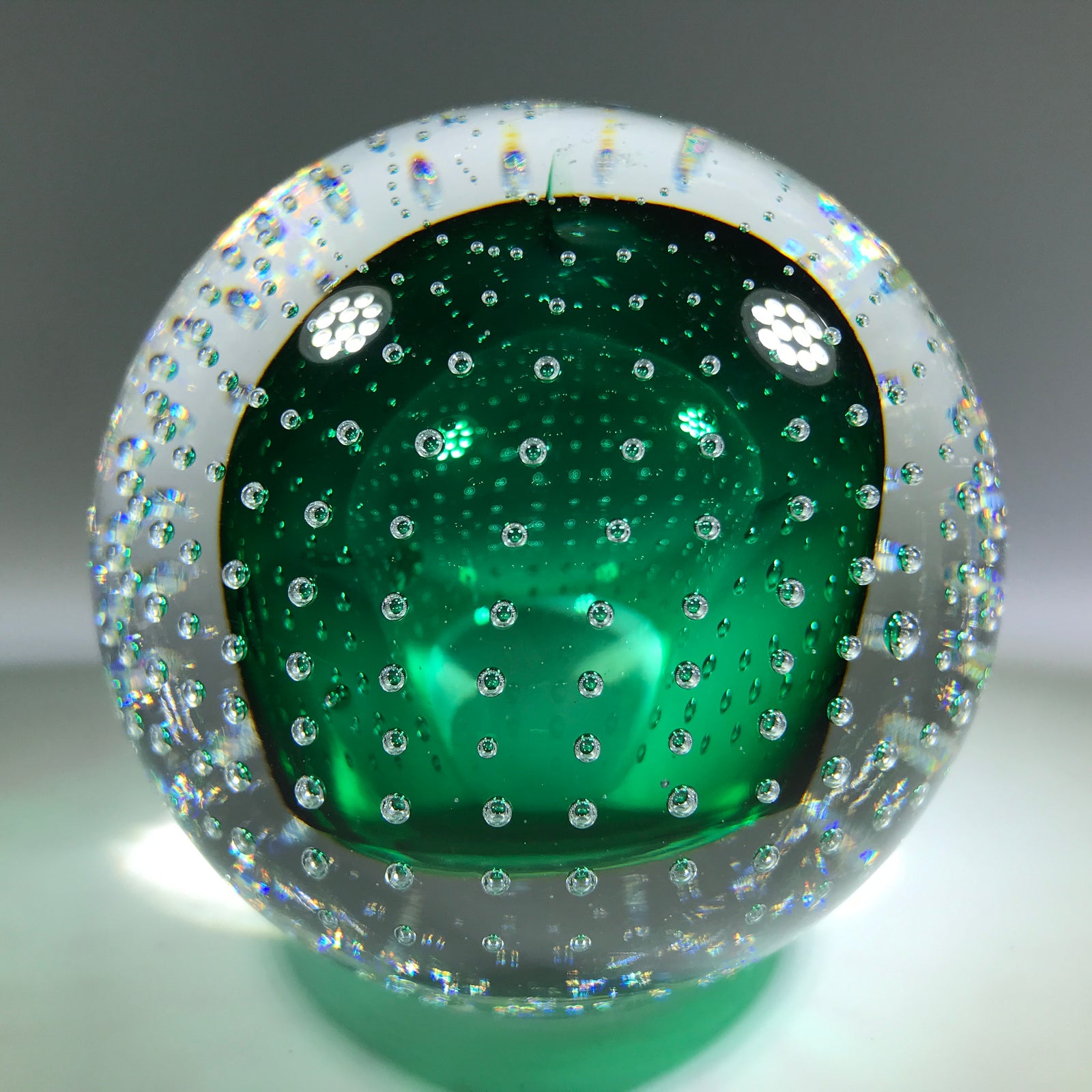Signed Adam Jablonski Art Glass Paperweight Modern Polish Green Control Bubbles