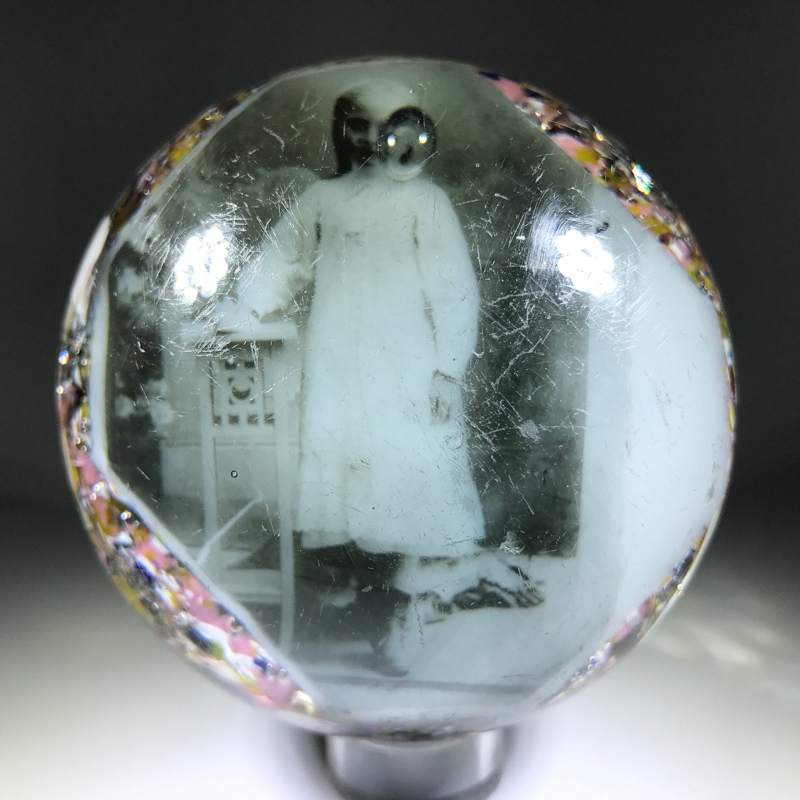 Antique American Art Glass Paperweight Black and White Photo Plaque