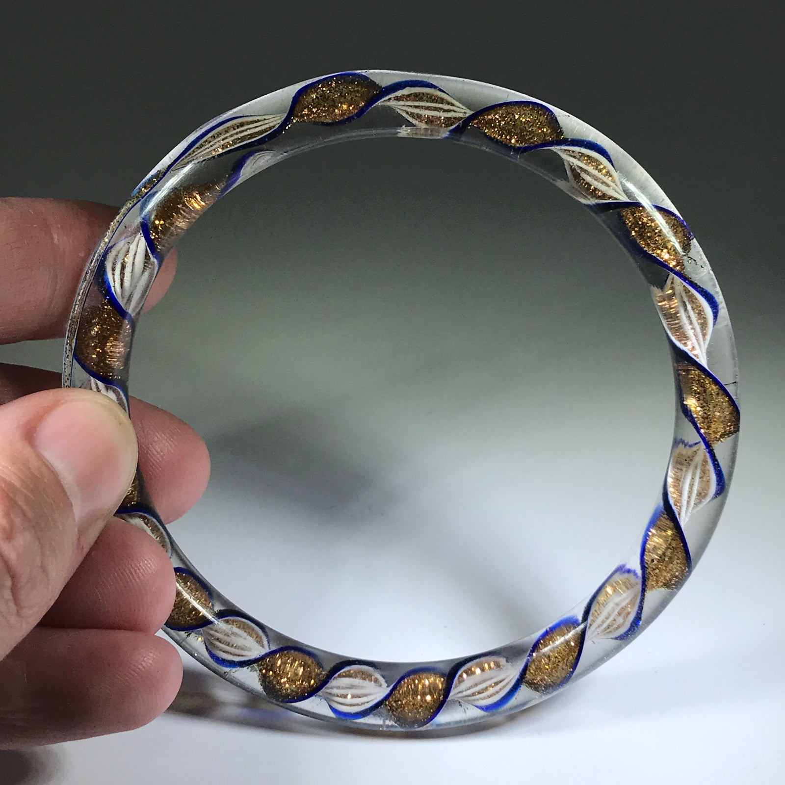 Vintage European Art Glass Bangle Bracelet Latticinio Aventurine Ribbon Twist