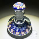 Vintage Vasart Glass Art Paperweight Style Bottle with Radial Ribbon Twists and Millefiori on Opaque Blue Ground