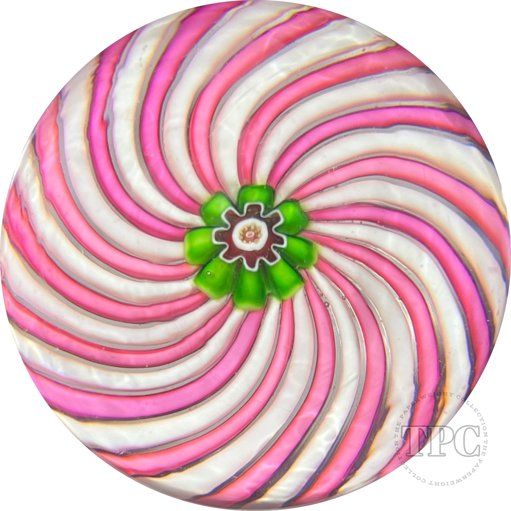 Antique Clichy Glass Art Paperweight Pink and Green Swirl with Green Millefiori Center