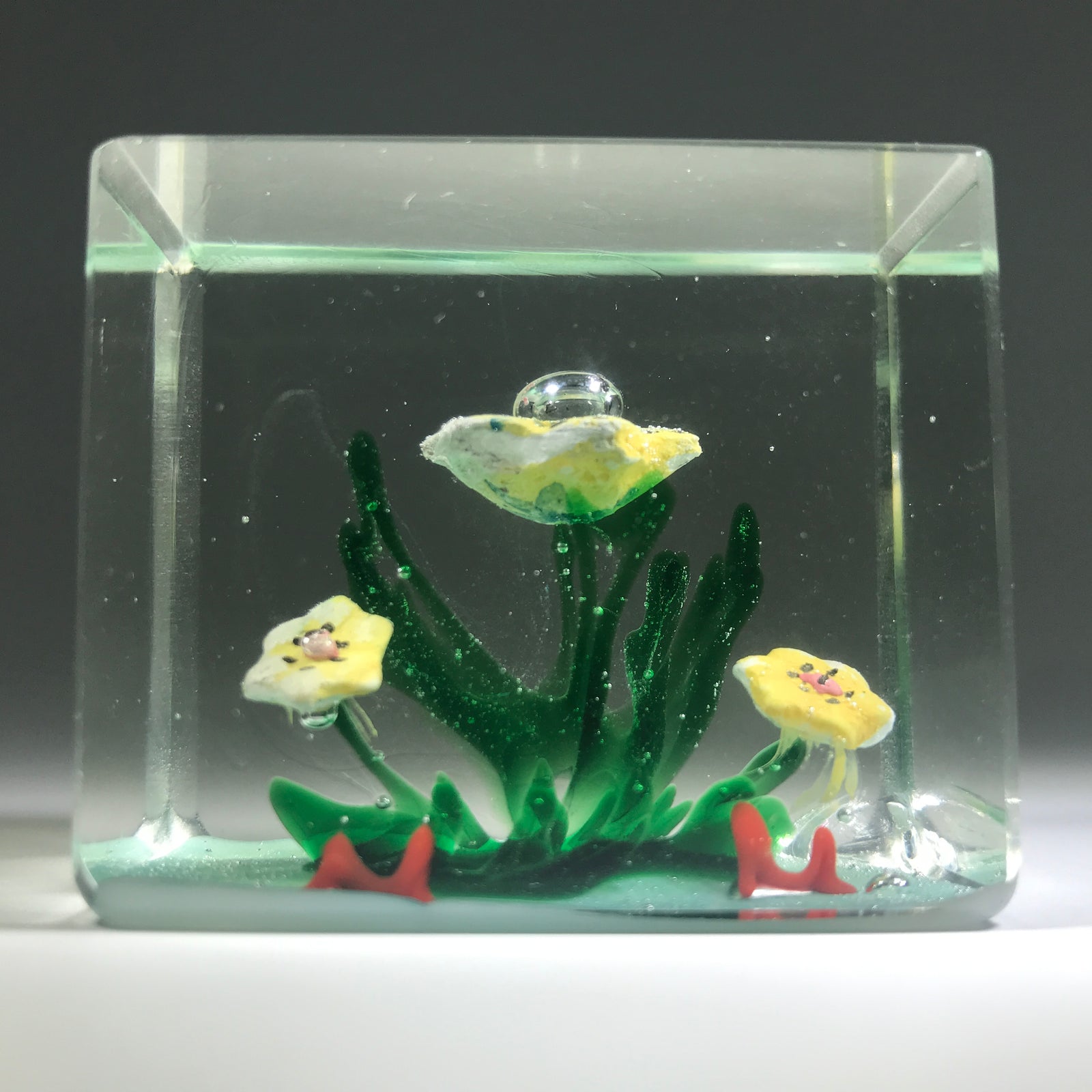 Early 1930s Chinese Art Glass Paperweight Sulphide Flowers In A Tree Faceted Block