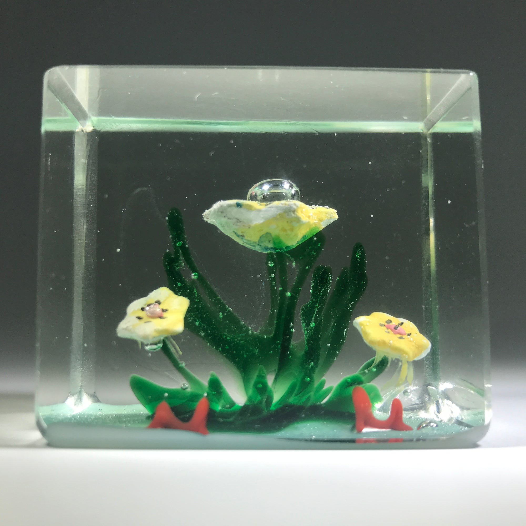 Early 1930s Chinese Art Glass Paperweight Sulphide Flowers In A Tree Faceted Block