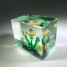Early 1930s Chinese Art Glass Paperweight Sulphide Flowers In A Tree Faceted Block