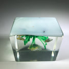 Early 1930s Chinese Art Glass Paperweight Sulphide Flowers In A Tree Faceted Block