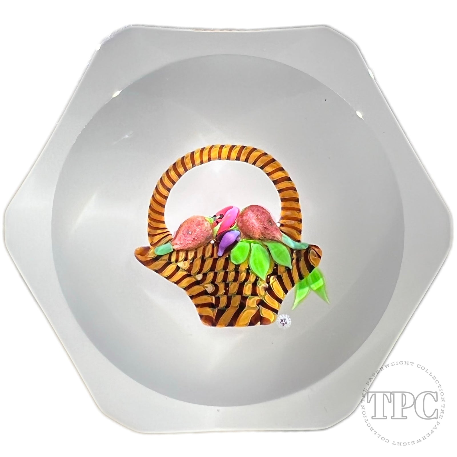 LE Baccarat 1976 Flamework Basket of Fruit on Opaque White Ground Faceted Glass Art Paperweight