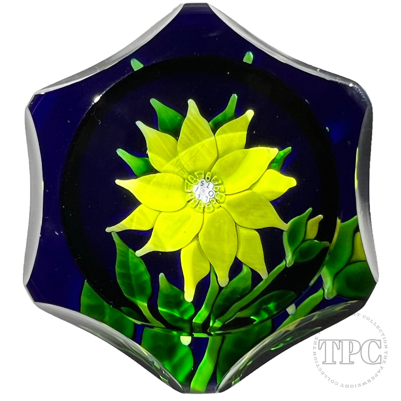 Faceted Saint-Louis 1970 Flamework Yellow Clematis Flower on Translucent Cobalt Blue Ground