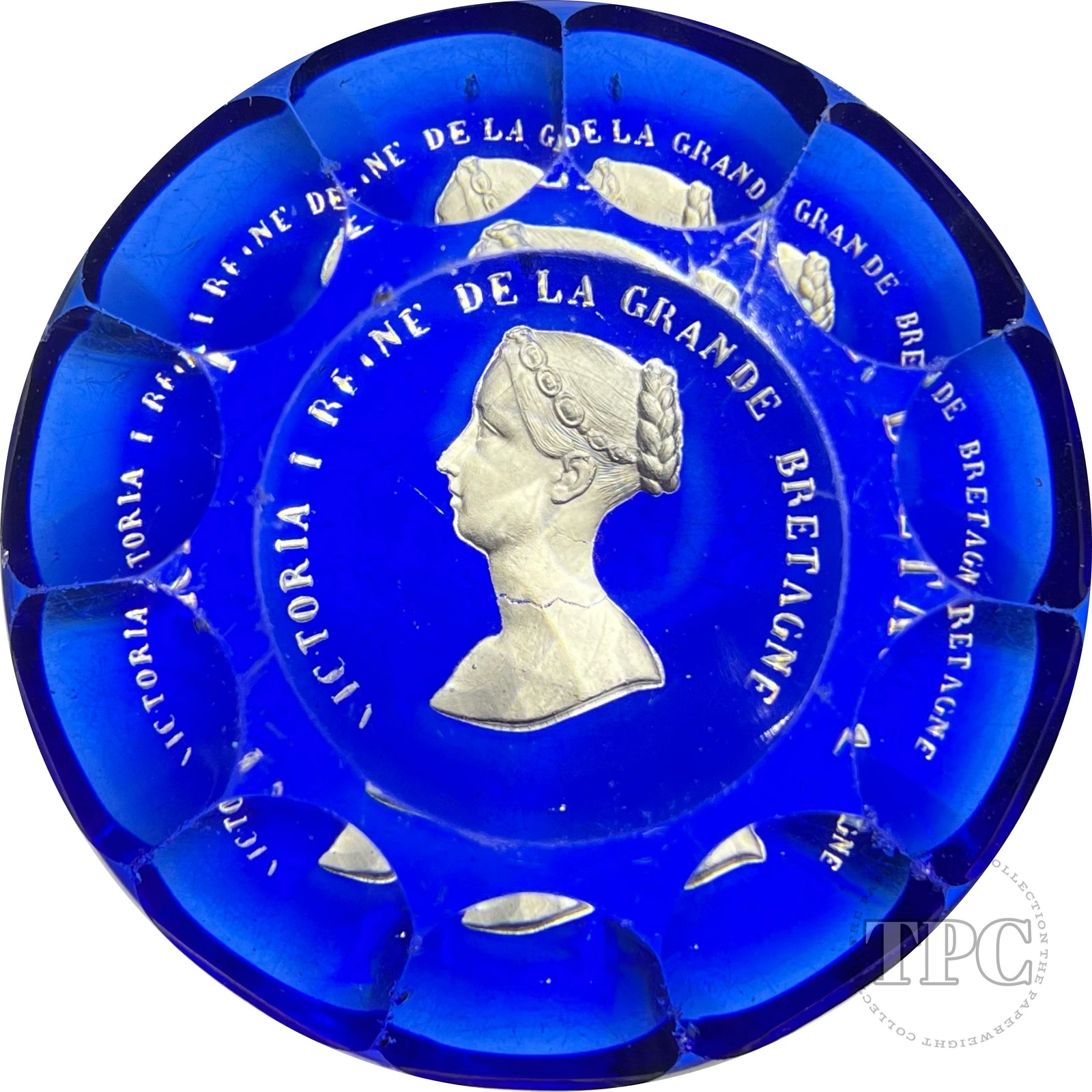 Very Rare Antique Baccarat Glass Paperweight Queen Elizabeth I Sulphide on Transparent Blue Ground