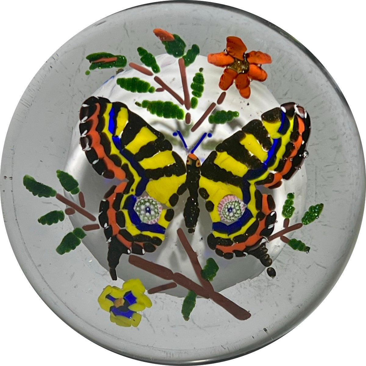 Antique Czech or Bohemian Swallowtail Glass Art Paperweight Composed of Short Colored Filigree and Aventurine