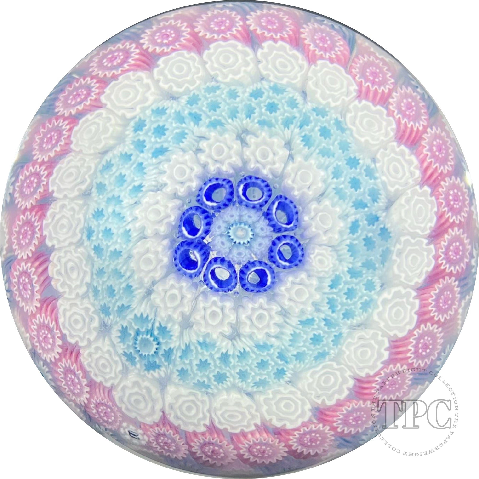 Jim Brown 2007 Glass Art Paperweight Cotton Candy Concentric with Complex Pink & Blue Millefiori in Stave Basket