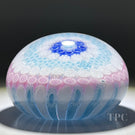 Jim Brown 2007 Glass Art Paperweight Cotton Candy Concentric with Complex Pink & Blue Millefiori in Stave Basket