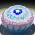 Jim Brown 2007 Glass Art Paperweight Cotton Candy Concentric with Complex Pink & Blue Millefiori in Stave Basket