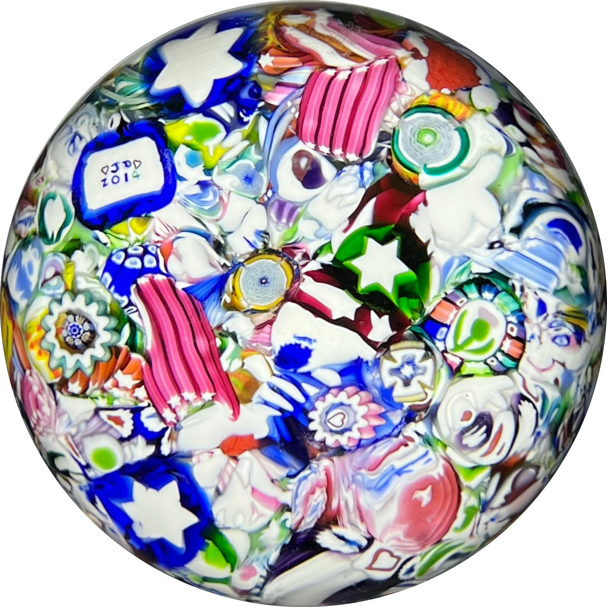 John Deacons 2014 Glass Art Paperweight Millefiori Scramble With Rose Canes and Silhouette Canes